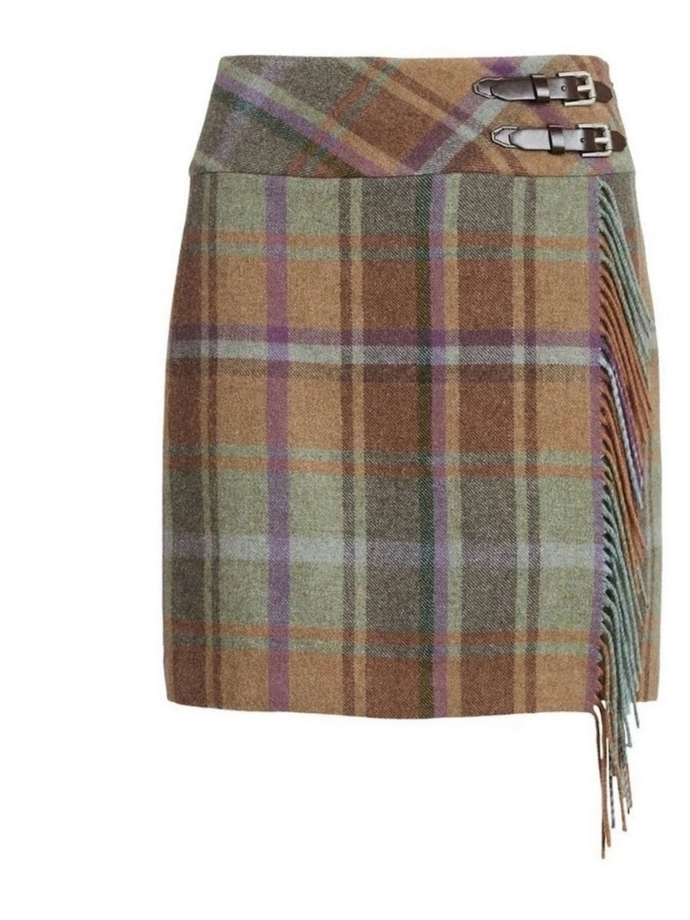 Lauren Ralph Lauren Olive Plaid Wrap Skirt/kilt with Fringe